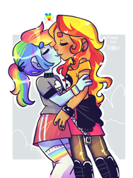 Size: 768x1024 | Tagged: safe, artist:jackytheripperart, derpibooru import, rainbow dash, sunset shimmer, equestria girls, clothes, eyes closed, female, lesbian, pantyhose, shipping, shirt, skirt, smiling, socks, sunsetdash, thigh highs