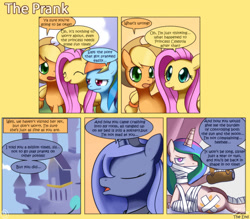 Size: 1062x930 | Tagged: safe, artist:solar-slash, applejack, fluttershy, princess celestia, princess luna, rainbow dash, alicorn, earth pony, pegasus, pony, comic:the prank, artifact, bandage, comic, pinklestia