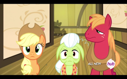 Size: 1680x1050 | Tagged: safe, screencap, applejack, big macintosh, granny smith, earth pony, pony, somepony to watch over me, all new, hub logo, male, out of context, stallion