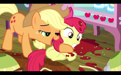 Size: 1680x1050 | Tagged: safe, screencap, apple bloom, applejack, earth pony, pony, somepony to watch over me, ageism, female, filly, hub logo, hug, mare, out of context, spaghetti, tempting fate