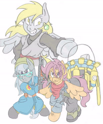 Size: 3781x4573 | Tagged: safe, artist:blackbewhite2k7, derpy hooves, scootaloo, silver spoon, pony, absurd resolution, anime, bipedal, clothes, crossover, dragon ball, dragon ball super, future mai, future trunks, goku black, mai, sketch, time machine, trunks, wip