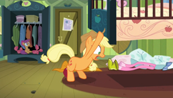 Size: 1000x563 | Tagged: safe, applejack, scootaloo, earth pony, pony, somepony to watch over me, exploitable, meme, under the bed