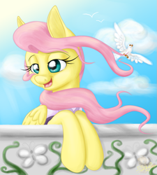 Size: 719x800 | Tagged: safe, artist:unisoleil, fluttershy, bird, pegasus, pony, balcony, clothes, everyday a little death, open mouth, shycedes, singing, solo, the count of monte cristo, the count of monte rainbow