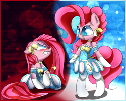 Size: 1280x1029 | Tagged: safe, artist:madacon, pinkie pie, earth pony, pony, bipedal, clothes, dress, duality, pinkamena diane pie, self ponidox