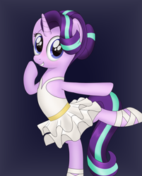 Size: 1489x1848 | Tagged: safe, artist:noosa, starlight glimmer, pony, unicorn, alternate hairstyle, ballerina, ballet, ballet slippers, blushing, clothes, cute, female, glimmerbetes, glimmerina, grin, hair bun, mare, raised hoof, shoes, simple background, skirt, smiling, solo, standing, standing on one leg, tutu