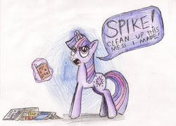 Size: 1703x1220 | Tagged: safe, artist:cynthia-horse, derpibooru import, twilight sparkle, book, magic, solo, speech bubble, spikeabuse, telekinesis, traditional art