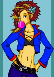 Size: 6000x8614 | Tagged: safe, artist:takrontoxicity, sunset shimmer, equestria girls, absurd resolution, alternate hairstyle, belly button, belt, breasts, bubblegum, cleavage, clothes, female, food, gum, jacket, looking at you, midriff, open jacket, pants, solo