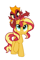 Size: 800x1214 | Tagged: safe, artist:emositecc, garble, sunset shimmer, dragon, pony, unicorn, alternate universe, dragons riding ponies, duo, female, male, mare, riding, simple background, transparent background