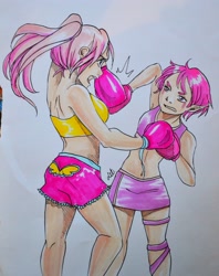 Size: 2780x3511 | Tagged: safe, artist:letwork, fluttershy, human, aelita schaeffer, belly button, boxing gloves, clothes, code lyoko, crossover, humanized, midriff, skirt, sports bra, traditional art