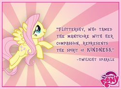 Size: 720x531 | Tagged: safe, derpibooru import, fluttershy, twilight sparkle, pegasus, pony, element of kindness, facebook, kindness, logo, my little pony logo, official, quote, solo, stock vector, sunburst background, text