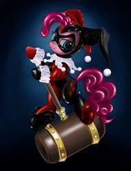 Size: 2900x3800 | Tagged: safe, artist:beamsaber, pinkie pie, earth pony, pony, clothes, costume, cuffs (clothes), hammer, harley quinn, size difference, weapon, wrist ruffs