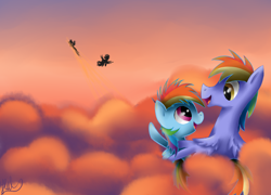 Size: 2638x1896 | Tagged: safe, artist:hilis, derpibooru import, rainbow blaze, rainbow dash, pegasus, pony, cloud, cloudy, father and child, father and daughter, filly, filly rainbow dash, male, parent and child, sunset, wonderbolts