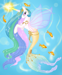 Size: 2251x2712 | Tagged: dead source, safe, artist:aurora69rainbow, princess celestia, fish, mermaid, merpony, seapony (g4), bubble, clothes, cute, ethereal mane, female, fin wings, fins, fish tail, flowing mane, flowing tail, glowing, glowing horn, goldfish, horn, magic, mare, mermaid tail, mermaidized, ocean, princess sealestia, sealestia, seaponified, seapony celestia, see-through, smiling, solo, species swap, starry mane, starry tail, swimming, tail, underwater, water, wings