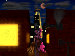 Size: 1600x1200 | Tagged: safe, artist:deviousfate, pinkie pie, earth pony, pony, airship, blood moon, city, clothes, dress, night, solo, steam, steampunk