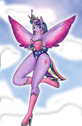 Size: 1024x1566 | Tagged: safe, artist:odiz, twilight sparkle, twilight sparkle (alicorn), alicorn, anthro, beautiful, bedroom eyes, boots, breasts, cleavage, cosplay, curvy, cute, eyeshadow, female, high heel boots, impossibly wide hips, jewelry, legs, lipstick, makeup, purple eyes, purple hair, shoes, solo, superhero, wide hips, wonder woman