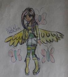 Size: 1024x1170 | Tagged: safe, artist:oxana-ice_k_p, fluttershy, human, humanized, solo, traditional art, watermark, winged humanization