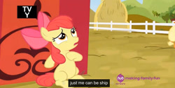 Size: 1358x691 | Tagged: safe, screencap, apple bloom, applejack, earth pony, pony, somepony to watch over me, hub logo, meme, shipping, solo, youtube caption