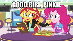 Size: 3416x1920 | Tagged: safe, edit, edited screencap, screencap, pinkie pie, sunset shimmer, equestria girls, mirror magic, spoiler:eqg specials, book, burger, chair, discovery family logo, female, food, friendship, geode of empathy, geode of sugar bombs, hamburger, journal, kindness, magical geodes, petting, smiling, storefront, table, television