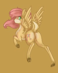 Size: 600x746 | Tagged: dead source, safe, artist:misukitty, fluttershy, deer, peryton, cloven hooves, deerified, flutterdeer, plot, simple background, solo, species swap, underhoof, yellow background