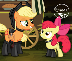 Size: 549x468 | Tagged: safe, artist:xormak, edit, apple bloom, applejack, earth pony, pony, somepony to watch over me, bdsm, choker, cutie mark, dominatrix, duo, female, femdom, fireproof boots, food, grin, leather clothes, looking at each other, pie, seductive, smirk, spiked choker, wagon, whip
