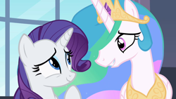 Size: 1280x720 | Tagged: safe, screencap, princess celestia, rarity, alicorn, pony, unicorn, sweet and elite, smiling