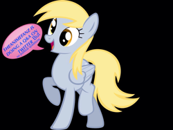 Size: 1024x768 | Tagged: safe, derpy hooves, pegasus, pony, advertisement, black background, female, mare, meta, mouthpiece, simple background, solo, speech bubble