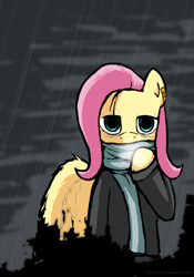 Size: 1190x1700 | Tagged: safe, artist:makc-hunter, fluttershy, pegasus, pony, bipedal, clothes, jacket, rain, scarf, solo