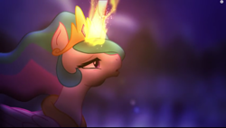 Size: 1438x815 | Tagged: safe, princess celestia, alicorn, pony, female, glowing horn, looking up, lullaby for a princess, magic, mare, open mouth, sad, solo