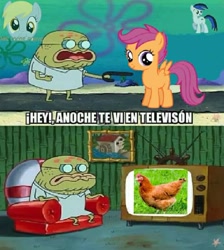 Size: 716x799 | Tagged: safe, derpy hooves, scootaloo, oc, chicken, pegasus, pony, as seen on tv (spongebob episode), female, image macro, mare, meme, needs more jpeg, scootachicken, spanish, spongebob squarepants, translated in the comments, watermark