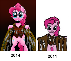 Size: 595x512 | Tagged: safe, artist:darkhestur, pinkie pie, earth pony, pony, bipedal, comparison, draw this again, female, machete, mare