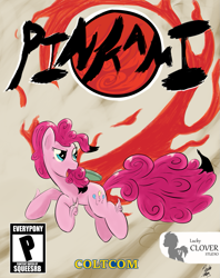 Size: 1139x1440 | Tagged: safe, artist:pinkiesheen, pinkie pie, earth pony, pony, game cover, okami, parody, solo