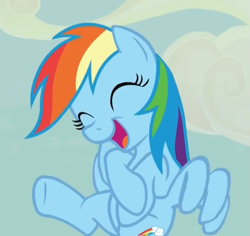 Size: 1025x969 | Tagged: safe, derpibooru import, screencap, rainbow dash, pegasus, pony, the cutie map, cute, dashabetes, eyes closed, female, flying, laughing, mare, open mouth, reaction image, smiling, solo, spread wings