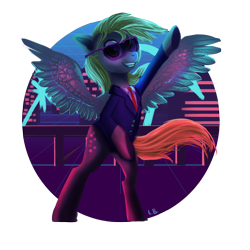 Size: 1000x1000 | Tagged: safe, artist:trojan-pony, derpy hooves, pegasus, pony, aesthetics, bipedal, clothes, grin, raised hoof, smiling, solo, spread wings, suit, sunglasses, vaporwave