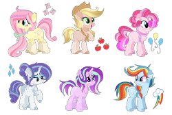 Size: 1404x942 | Tagged: safe, artist:xxcutecookieswirlsxx, applejack, fluttershy, pinkie pie, rainbow dash, rarity, starlight glimmer, earth pony, pegasus, pony, unicorn, alternate design, simple background, transparent background