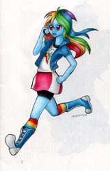 Size: 800x1242 | Tagged: safe, artist:andpie, derpibooru import, rainbow dash, equestria girls, boots, clothes, compression shorts, cute, female, open mouth, phone, rainbow socks, running, shoes, shorts, simple background, skirt, smartphone, socks, solo, striped socks, traditional art, white background