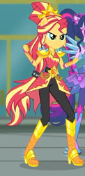 Size: 290x594 | Tagged: safe, screencap, sci-twi, sunset shimmer, twilight sparkle, better together, equestria girls, super squad goals, cropped, crystal guardian, female, geode of empathy, ponied up, smiling, solo focus