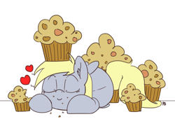 Size: 1280x975 | Tagged: safe, artist:pabbley, derpy hooves, pony, crumbs, cute, food, heart, muffin, prone, simple background, sleeping, solo, white background