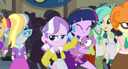 Size: 1008x548 | Tagged: safe, derpibooru import, screencap, captain planet, diamond tiara, normal norman, silver spoon, spike, tennis match, twilight sparkle, equestria girls, background human, zen bullying