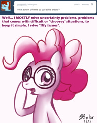 Size: 551x700 | Tagged: safe, artist:solar-slash, pinkie pie, earth pony, pony, ask, ask pinkie pie solutions, glasses, solo, tumblr