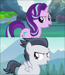 Size: 522x605 | Tagged: safe, screencap, rumble, starlight glimmer, pegasus, pony, marks and recreation, to change a changeling, >:), colt, comparison, evil grin, female, male, smiling, smirk