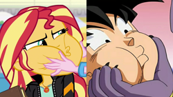 Size: 3416x1920 | Tagged: safe, pinkie pie, sunset shimmer, equestria girls, spoiler:eqg specials, beerus, book, bracelet, clothes, comparison, dragon ball super, face, geode of empathy, goku, hand, jacket, jewelry, leather jacket, magical geodes, squishy cheeks
