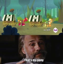 Size: 786x800 | Tagged: safe, applejack, big macintosh, earth pony, pony, somepony to watch over me, cart, django unchained, dr. king schultz, male, meme, stallion, that's my pony