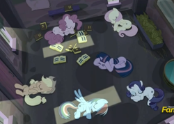 Size: 1249x891 | Tagged: safe, derpibooru import, screencap, applejack, fluttershy, pinkie pie, rainbow dash, rarity, twilight sparkle, twilight sparkle (alicorn), alicorn, earth pony, pegasus, pony, unicorn, the cutie map, female, mane six, mare, sleeping