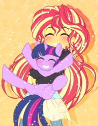 Size: 1100x1400 | Tagged: safe, artist:zat, sunset shimmer, twilight sparkle, twilight sparkle (alicorn), alicorn, pony, equestria girls, cute, duo, eyes closed, female, holding a pony, hug, lesbian, mare, shipping, smiling, sunsetsparkle