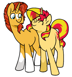 Size: 697x747 | Tagged: safe, artist:/d/non, sunburst, sunset shimmer, pony, unicorn, 30 minute art challenge, brother and sister, female, happy, headcanon, male, siblings, smiling, sunny siblings