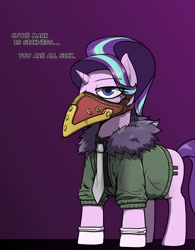 Size: 1240x1590 | Tagged: safe, artist:commissarbu, starlight glimmer, pony, unicorn, clothes, crossover, dialogue, equal cutie mark, jacket, mask, my hero academia, necktie, overhaul, plague doctor, plague doctor mask, solo
