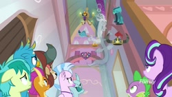 Size: 1920x1080 | Tagged: safe, screencap, discord, gallus, ocellus, sandbar, silverstream, smolder, spike, starlight glimmer, yona, ghost, a matter of principals, amulet, amulet of aurora, clover the clever's cloak, crown, crown of grover, ghost discord, helm of yickslur, helmet, jewelry, knuckerbocker's shell, regalia, shell, student six, talisman of mirage