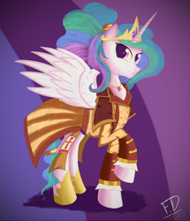 Size: 3100x3600 | Tagged: safe, artist:fluffydus, princess celestia, alicorn, pony, assassin's creed, clothes, necklace, raised hoof, smirk, solo, spread wings