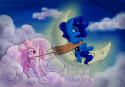 Size: 1600x1120 | Tagged: safe, artist:whazzam95, princess celestia, princess luna, alicorn, pony, cewestia, cloud, cloudy, crossed hooves, cute, cutelestia, filly, frown, lunabetes, moon, mouth hold, night, rope, tangible heavenly object, tied up, unamused, woona