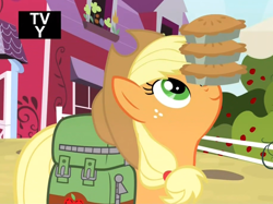 Size: 1030x770 | Tagged: safe, screencap, applejack, earth pony, pony, somepony to watch over me, balancing, carrying, food, pie, ponies balancing stuff on their nose, saddle bag, solo, working